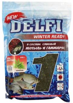 Прикормка зимняя увлажненная DELFI ICE Ready (лещ + плотва; конопля, зеленая, 500 г)